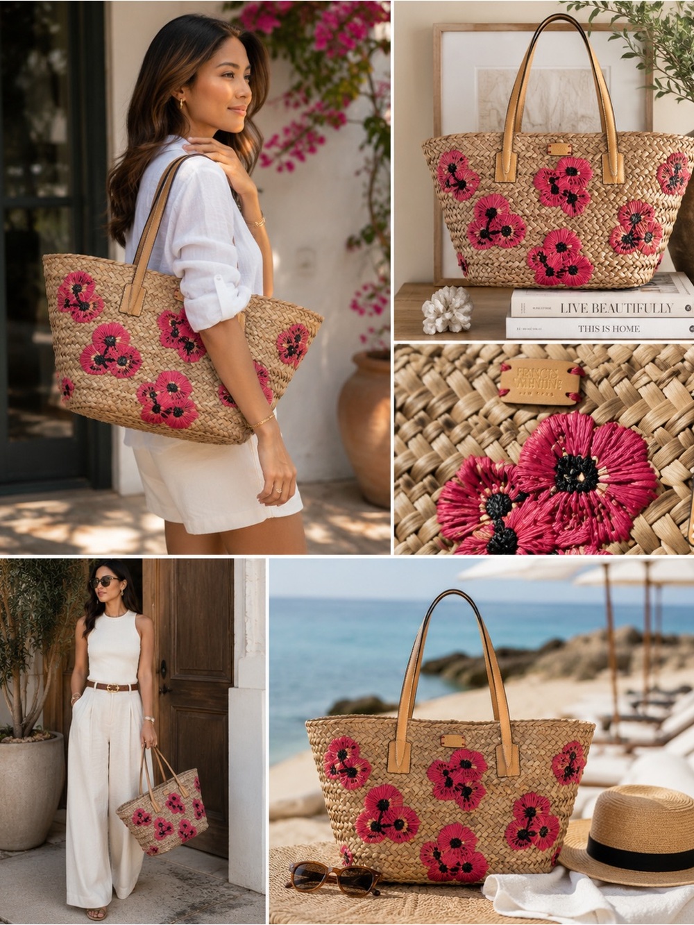 Frances Valentine Floral Straw Tote Beach Bag Leather Trim Pink Raffia - Picture 2 of 16